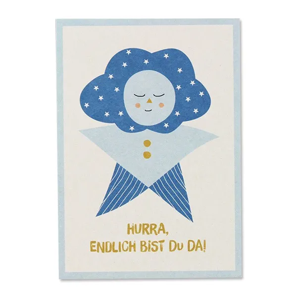 Postkarte "Hurra endlich bist du da" Blaues Männchen