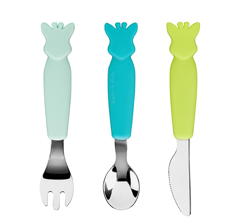 Sophie la giraffe - Besteck mit Silikongriff Blau/Grün kiglu-silikonbesteck
